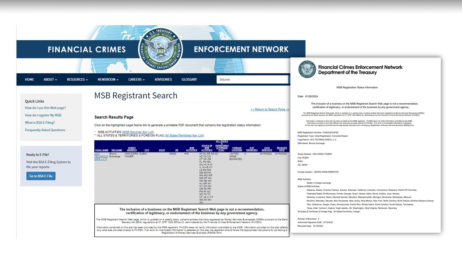 美國 FinCEN 的 Bitunix MSB 登記搜尋結果